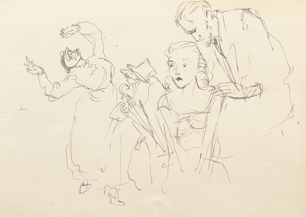 Hanny Fries: «Die Riesen vom Berge» von Luigi Pirandello. Schauspielhaus Zürich, 1.10.1949, Tusche auf Papier. Foto: Reto Pedrini © Stiftung Righini-Fries Zürich Hanny Fries: «Die Riesen vom Berge» von Luigi Pirandello. Schauspielhaus Zürich, 1.10.1949, Tusche auf Papier. Foto: Reto Pedrini © Stiftung Righini-Fries Zürich