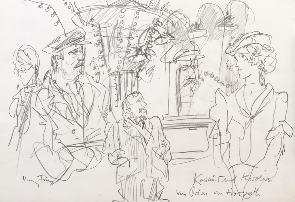 Hanny Fries: «Kasimir und Karoline» von Ödön von Horváth. Schauspielhaus Zürich, 25.10.1975, Bleistift auf Papier. Foto: Reto Pedrini © Stiftung Righini-Fries Zürich Hanny Fries: «Kasimir und Karoline» von Ödön von Horváth. Schauspielhaus Zürich, 25.10.1975, Bleistift auf Papier. Foto: Reto Pedrini © Stiftung Righini-Fries Zürich