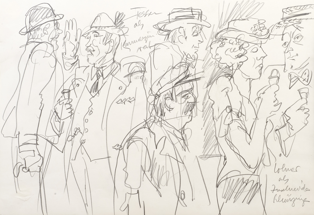 Hanny Fries: «Kasimir und Karoline» von Ödön von Horváth. Schauspielhaus Zürich, 25.10.1975, Bleistift auf Papier. Foto: Reto Pedrini © Stiftung Righini-Fries Zürich Hanny Fries: «Kasimir und Karoline» von Ödön von Horváth. Schauspielhaus Zürich, 25.10.1975, Bleistift auf Papier. Foto: Reto Pedrini © Stiftung Righini-Fries Zürich