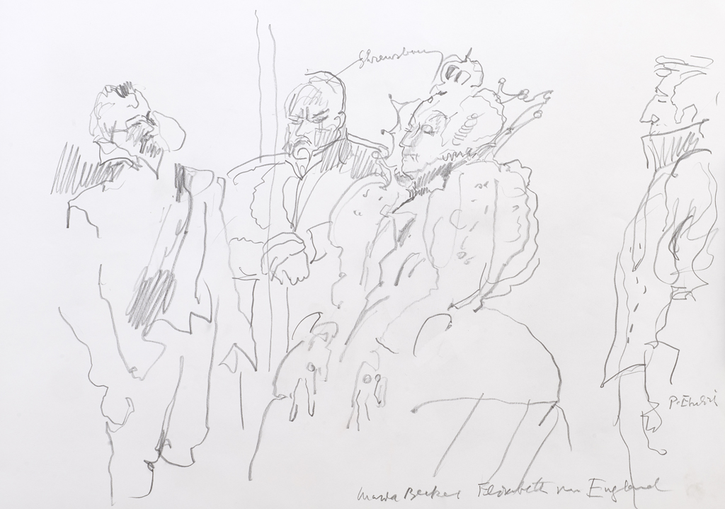 Hanny Fries: «Maria Stuart» von Friedrich Schiller. Schauspielhaus Zürich, 3.4.1986, Bleistift auf Papier. Foto: Reto Pedrini © Stiftung Righini-Fries Zürich Hanny Fries: «Maria Stuart» von Friedrich Schiller. Schauspielhaus Zürich, 3.4.1986, Bleistift auf Papier. Foto: Reto Pedrini © Stiftung Righini-Fries Zürich