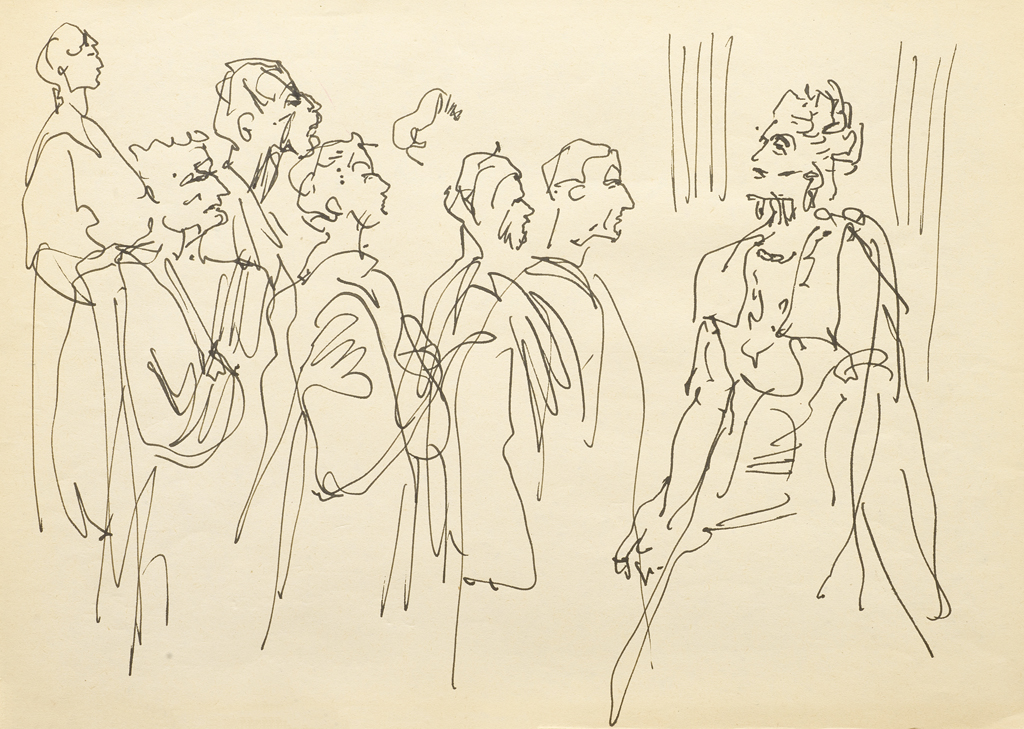 Hanny Fries: «Orestie» von Aischylos. Schauspielhaus Zürich, 5.9.1956, Tusche auf Papier. Foto: Reto Pedrini © Stiftung Righini-Fries Zürich