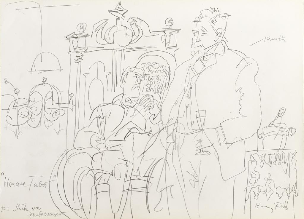 Hanny Fries: «Das Leben des Horace A. W. Tabor» von Carl Zuckmayer. Schauspielhaus Zürich, 18.11.1964, Bleistift auf Papier. Foto: Reto Pedrini © Stiftung Righini-Fries Zürich Hanny Fries: «Das Leben des Horace A. W. Tabor» von Carl Zuckmayer. Schauspielhaus Zürich, 18.11.1964, Bleistift auf Papier. Foto: Reto Pedrini © Stiftung Righini-Fries Zürich