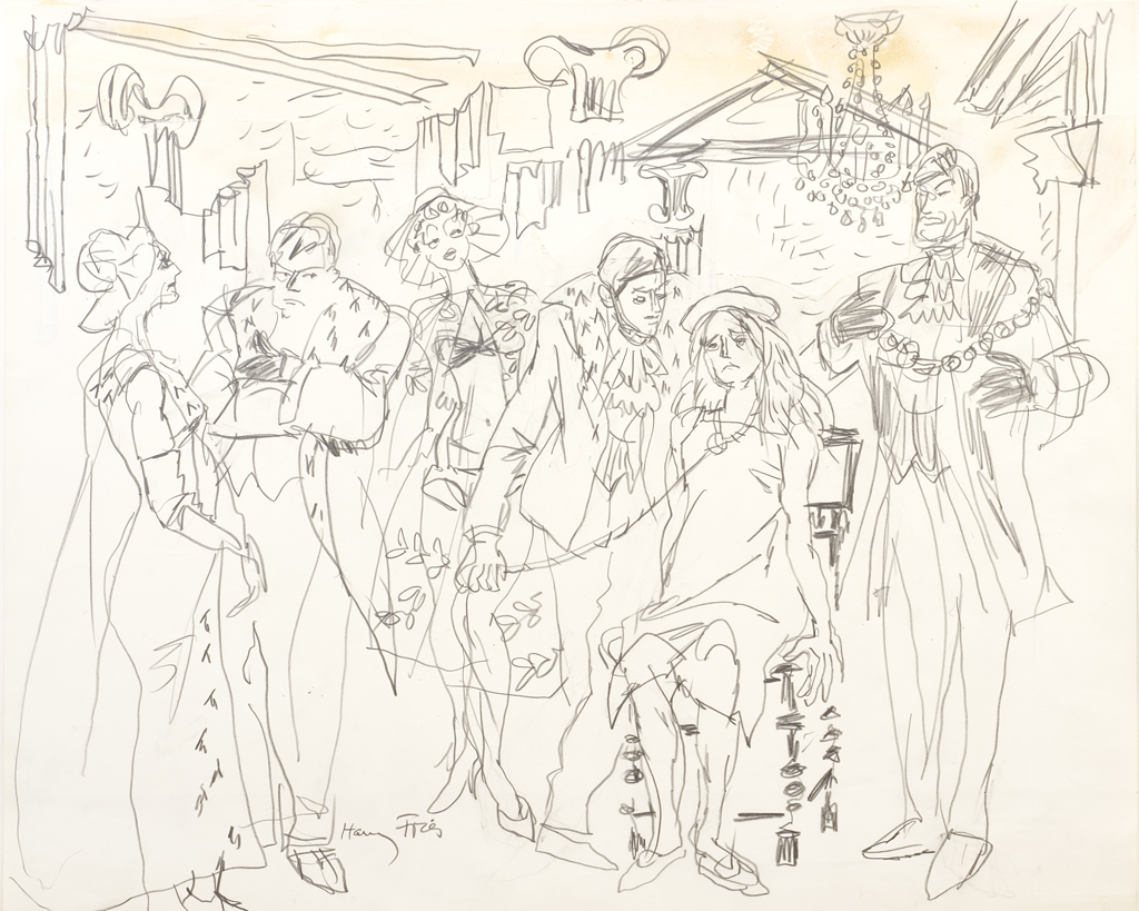 Hanny Fries: «Yvonne, Prinzessin von Burgund» von Witold Gombrowicz. Schauspielhaus Zürich, 15.11.1967, Bleistift auf Papier. Foto: Reto Pedrini © Stiftung Righini-Fries Zürich