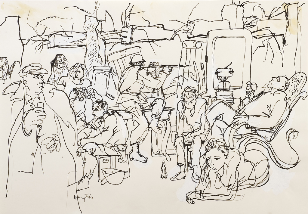 Hanny Fries: «Morgen – Ein Fenster zur Strasse» von Jean-Claude Grumberg. Schauspielhaus Zürich, 20.9.1969, Tusche auf Papier. Foto: Reto Pedrini © Stiftung Righini-Fries Zürich Hanny Fries: «Morgen – Ein Fenster zur Strasse» von Jean-Claude Grumberg. Schauspielhaus Zürich, 20.9.1969, Tusche auf Papier. Foto: Reto Pedrini © Stiftung Righini-Fries Zürich