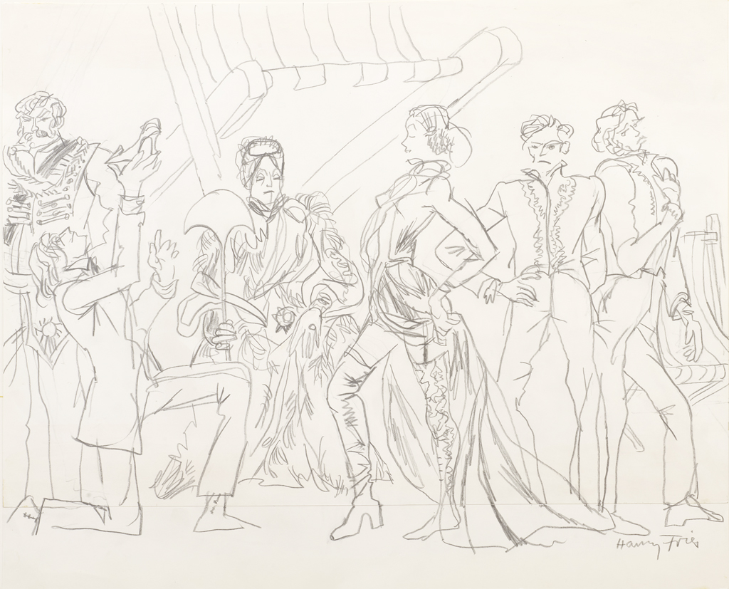 Hanny Fries: «Early morning (Trauer zu früh)» von Edward Bond. Schauspielhaus Zürich, 2.10.1969, Bleistift auf Papier. Foto: Reto Pedrini © Stiftung Righini-Fries Zürich Hanny Fries: «Early morning (Trauer zu früh)» von Edward Bond. Schauspielhaus Zürich, 2.10.1969, Bleistift auf Papier. Foto: Reto Pedrini © Stiftung Righini-Fries Zürich