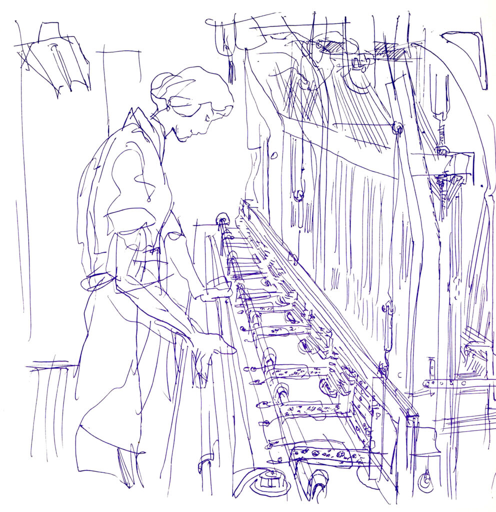 Hanny Fries: Illustration zur Seidenbandweberei. Erschienen in: Die Schweizerische Seidenbandindustrie. Sondernummer der Seidenband-Nachrichten Nr. 25, Herbst 1963. © Stiftung Righini-Fries Zürich Hanny Fries: Illustration zur Seidenbandweberei. Erschienen in: Die Schweizerische Seidenbandindustrie. Sondernummer der Seidenband-Nachrichten Nr. 25, Herbst 1963. © Stiftung Righini-Fries Zürich