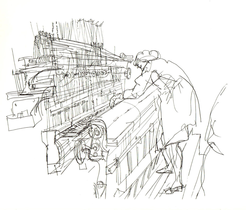 Hanny Fries: Illustration zur Seidenbandweberei. Erschienen in: Die Schweizerische Seidenbandindustrie. Sondernummer der Seidenband-Nachrichten Nr. 25, Herbst 1963. © Stiftung Righini-Fries Zürich Hanny Fries: Illustration zur Seidenbandweberei. Erschienen in: Die Schweizerische Seidenbandindustrie. Sondernummer der Seidenband-Nachrichten Nr. 25, Herbst 1963. © Stiftung Righini-Fries Zürich