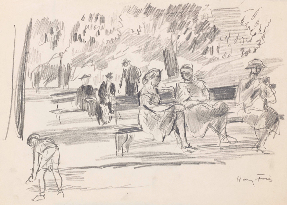 Hanny Fries: ohne Titel [Menschen im Park], um 1944, Bleistift auf Papier, Inv. Nr. HF 334. Foto: Reto Pedrini © Stiftung Righini-Fries Zürich