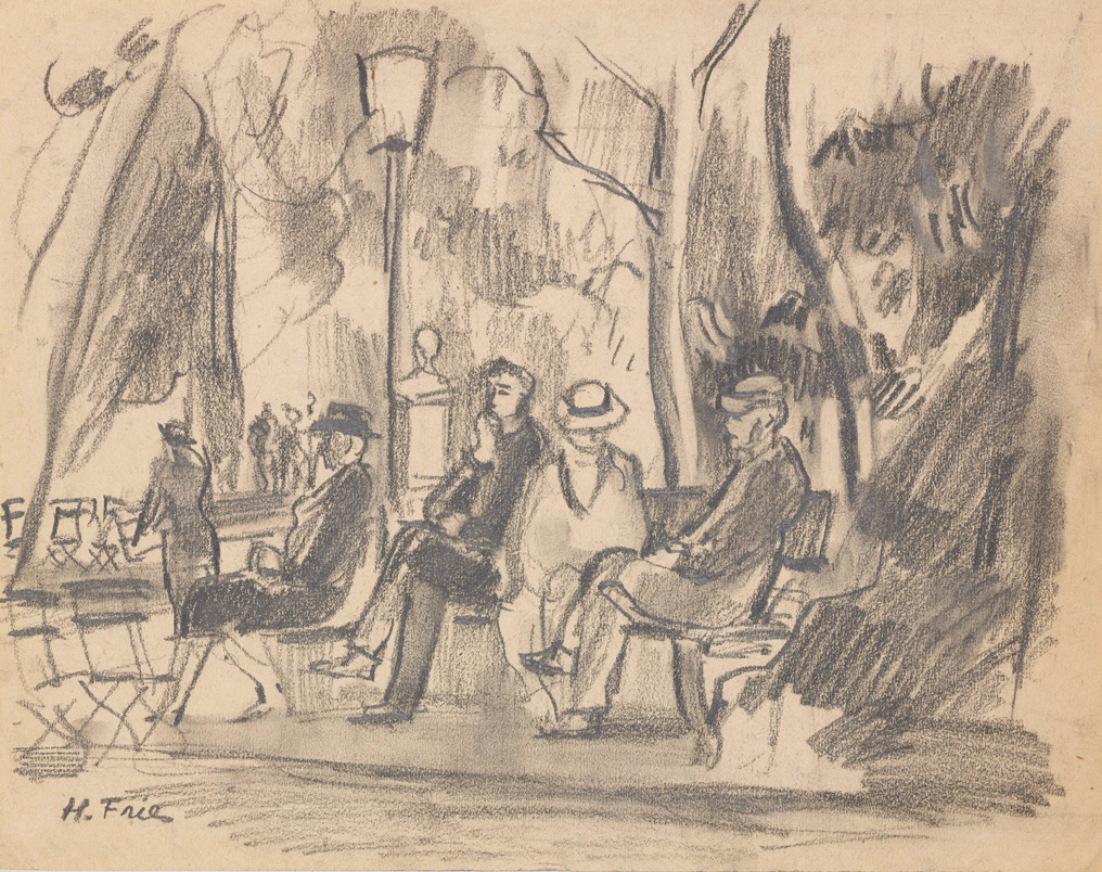 Hanny Fries: ohne Titel [Auf der Parkbank], um 1943, Bleistift und Kohle auf Papier, Inv. Nr. HF 399. Foto: Reto Pedrini © Stiftung Righini-Fries Zürich