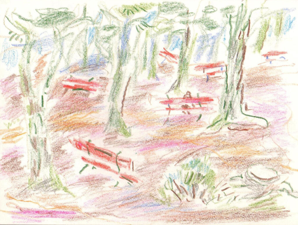 Hanny Fries: ohne Titel [Rote Bänke], 1992, Farbstift auf Papier, Inv. Nr. HF SB 6.35. Foto: Reto Pedrini © Stiftung Righini-Fries Zürich