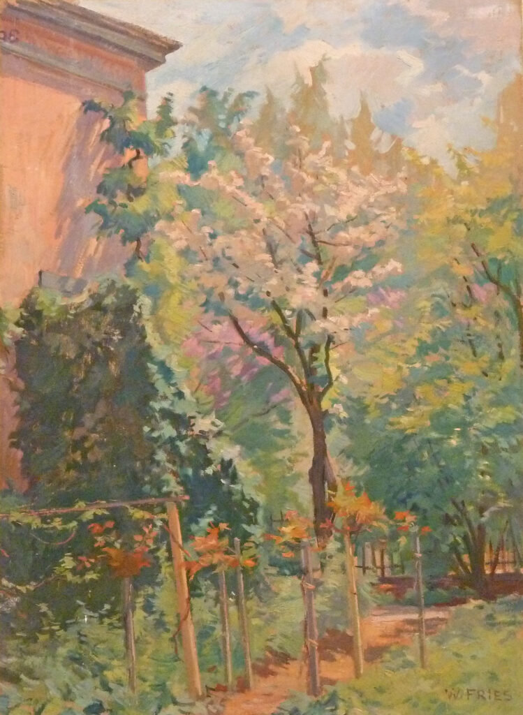 Willy Fries: Ohne Titel [Blühender Baum], um 1948, Öl auf Karton, Inv.Nr. 478. © Stiftung Righini-Fries Zürich