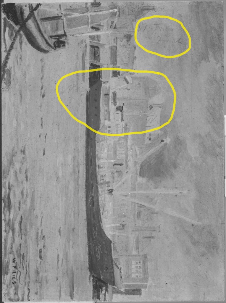 Vorderseite (Hochformat) des Bildes WF 469 im Infrarot (IRR). Die Inschrift wurde gelb markiert. Foto: Art Conservation, Becker Vorderseite (Hochformat) des Bildes WF 469 im Infrarot (IRR). Die Inschrift wurde gelb markiert. Foto: Art Conservation, Becker