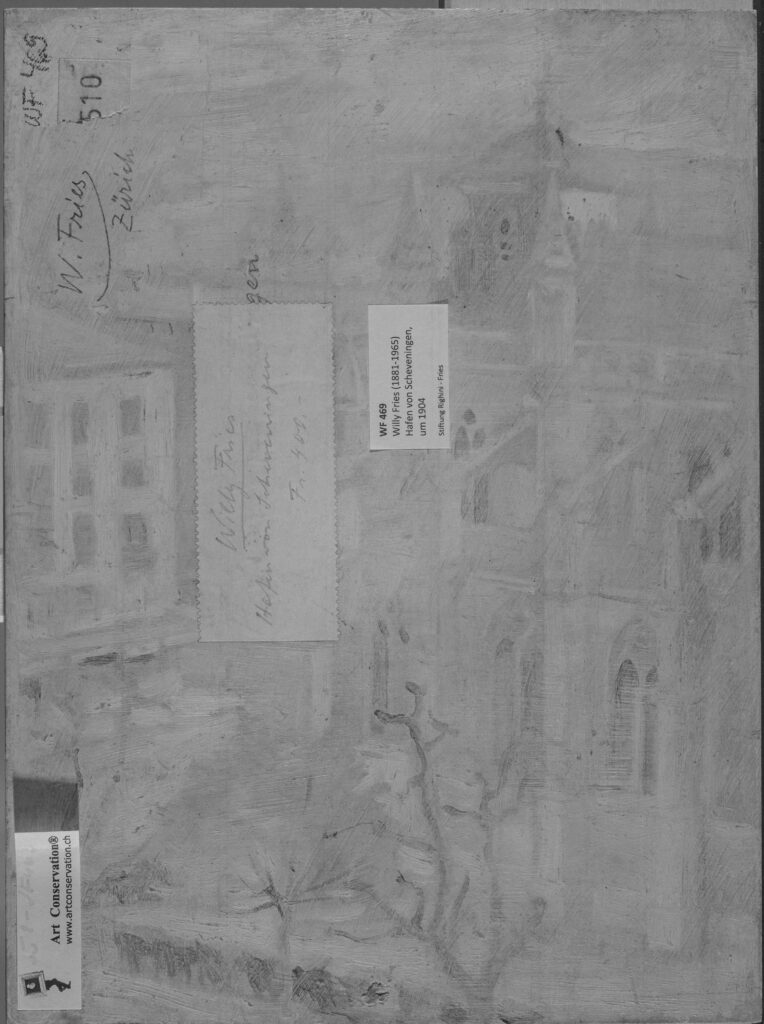 Rückseite (Hochformat) des Bildes WF 469 im Infrarot (IRR). Foto: Art Conservation, Becker Rückseite (Hochformat) des Bildes WF 469 im Infrarot (IRR). Foto: Art Conservation, Becker