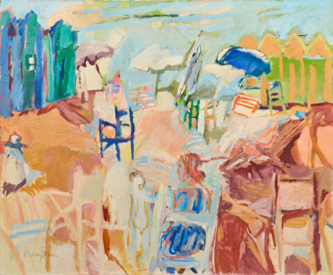 Hanny Fries: Ohne Titel [Strand mit Badehäuschen], um 1983, Öl auf Leinwand, 82 x 100 cm, Inv. Nr. HF 514. Foto: Reto Pedrini © Stiftung Righini-Fries Zürich