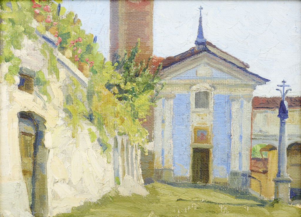 Sigismund Righini: Chiesa e Piazza di Bedigliora, 1903, Öl auf Leinwand, SR 157. Foto: Reto Pedrini © Stiftung Righini-Fries Zürich