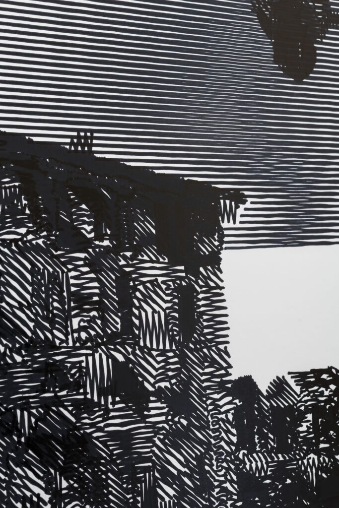 Armin Aschenbrenner: Vedute Allucinate, 2026, Maschinenzeichnung, Tinte auf Papier (Detail). Foto © Marcel Rickli